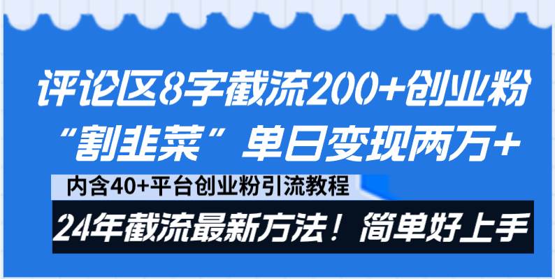 评论区8字截流200+创业粉“割韭菜”单日变现两万+24年截流最新方法！-九节课