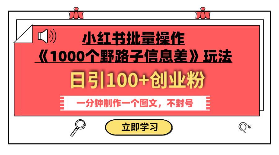 小红书批量操作《1000个野路子信息差》玩法 日引100+创业粉 一分钟一个图文-九节课