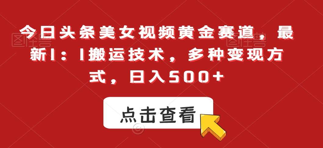 今日头条美女视频黄金赛道，最新1：1搬运技术，多种变现方式，日入500+【揭秘】-九节课