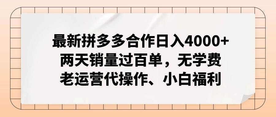 最新拼多多合作日入4000+两天销量过百单，无学费、老运营代操作、小白福利-九节课