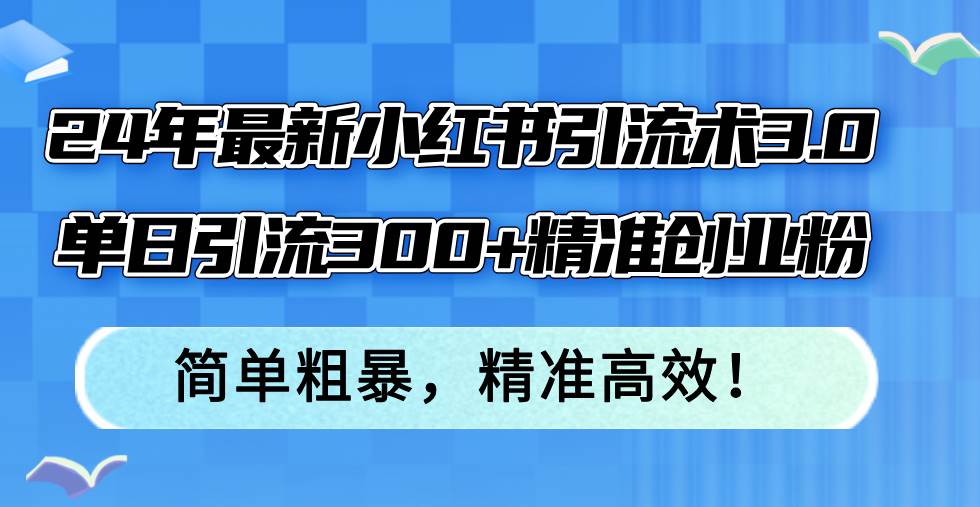 24年最新小红书引流术3.0，单日引流300+精准创业粉，简单粗暴，精准高效！-九节课