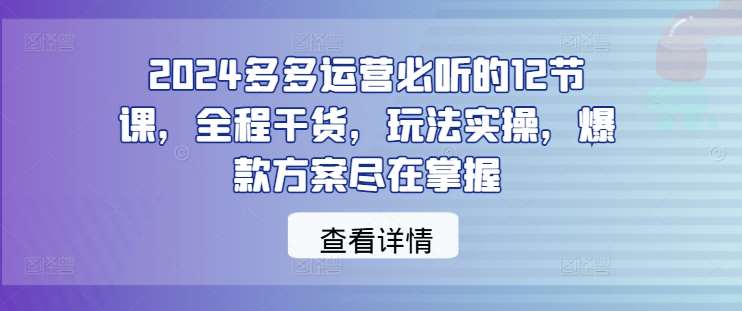 2024多多运营必听的12节课，全程干货，玩法实操，爆款方案尽在掌握-九节课